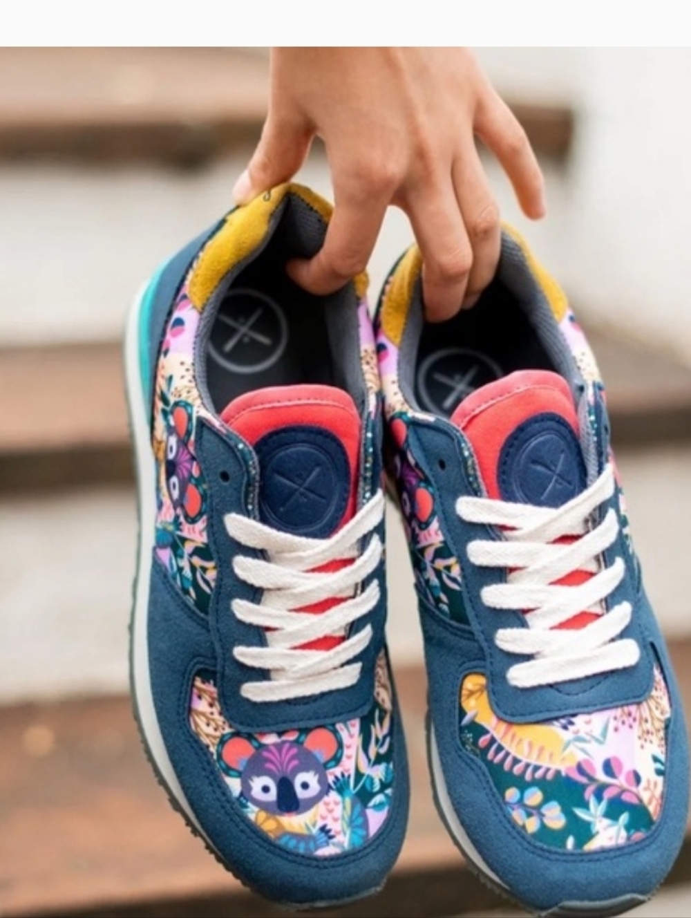 inkkas Blue Floral Pattern Sneakers with Pink and Yellow Accents